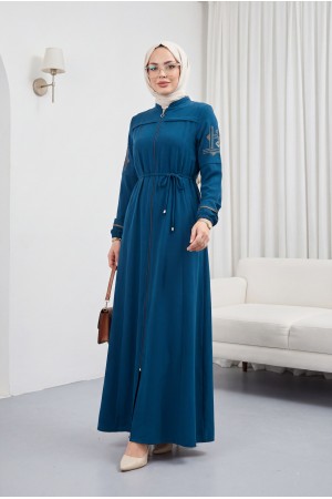 Bağcıklı Kolu Nakışlı Ferace Petrol HM2854