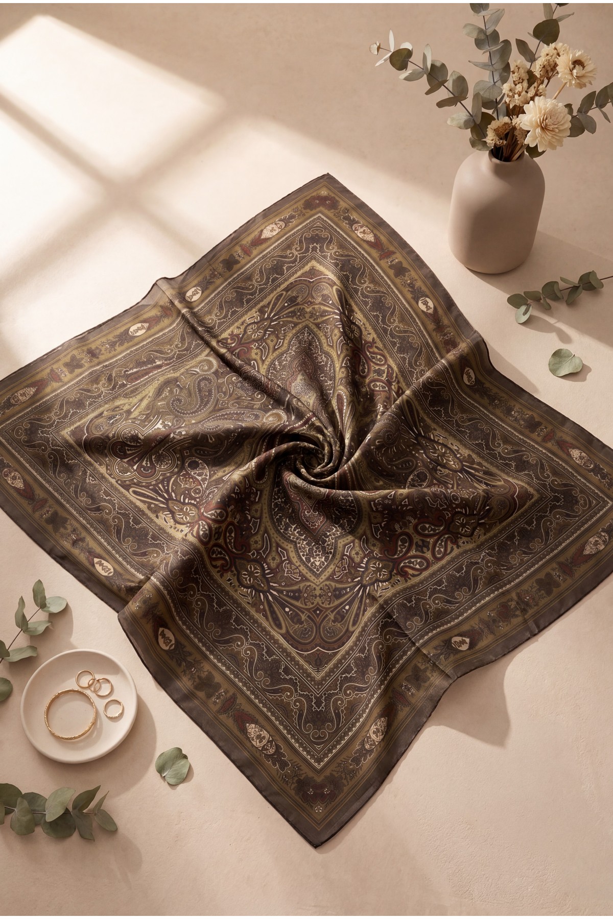 Framed Ethnic Pattern Cotton Scarf -Khaki
