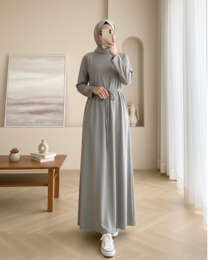 Round Neck Tied Waist Oysho Dress -Grey