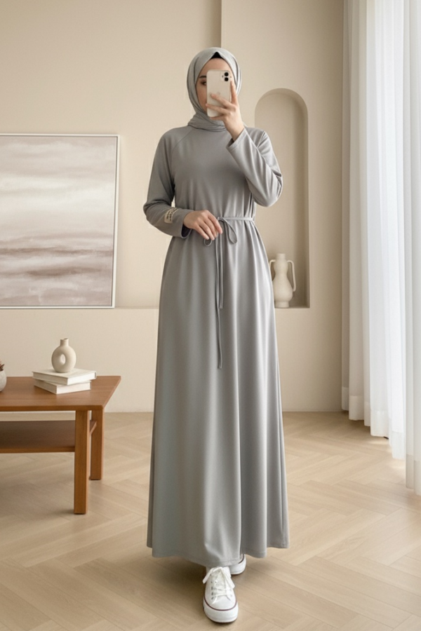 Round Neck Tied Waist Oysho Dress -Grey