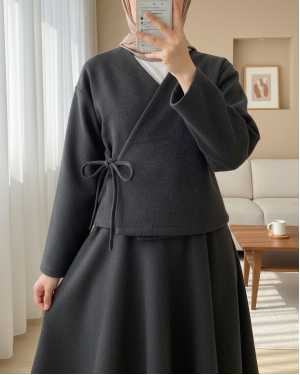 Tied Front Skirted Cashmere Kimono Set -Anthracite