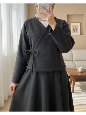 Önü Bağlamalı Etekli Kaşe Kimono Takım -Antrasit