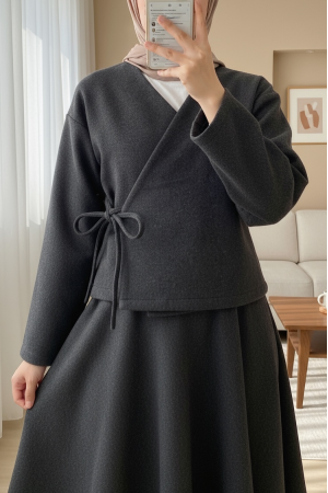 Önü Bağlamalı Etekli Kaşe Kimono Takım -Antrasit