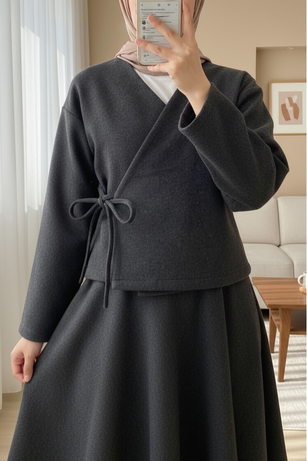 Önü Bağlamalı Etekli Kaşe Kimono Takım -Antrasit
