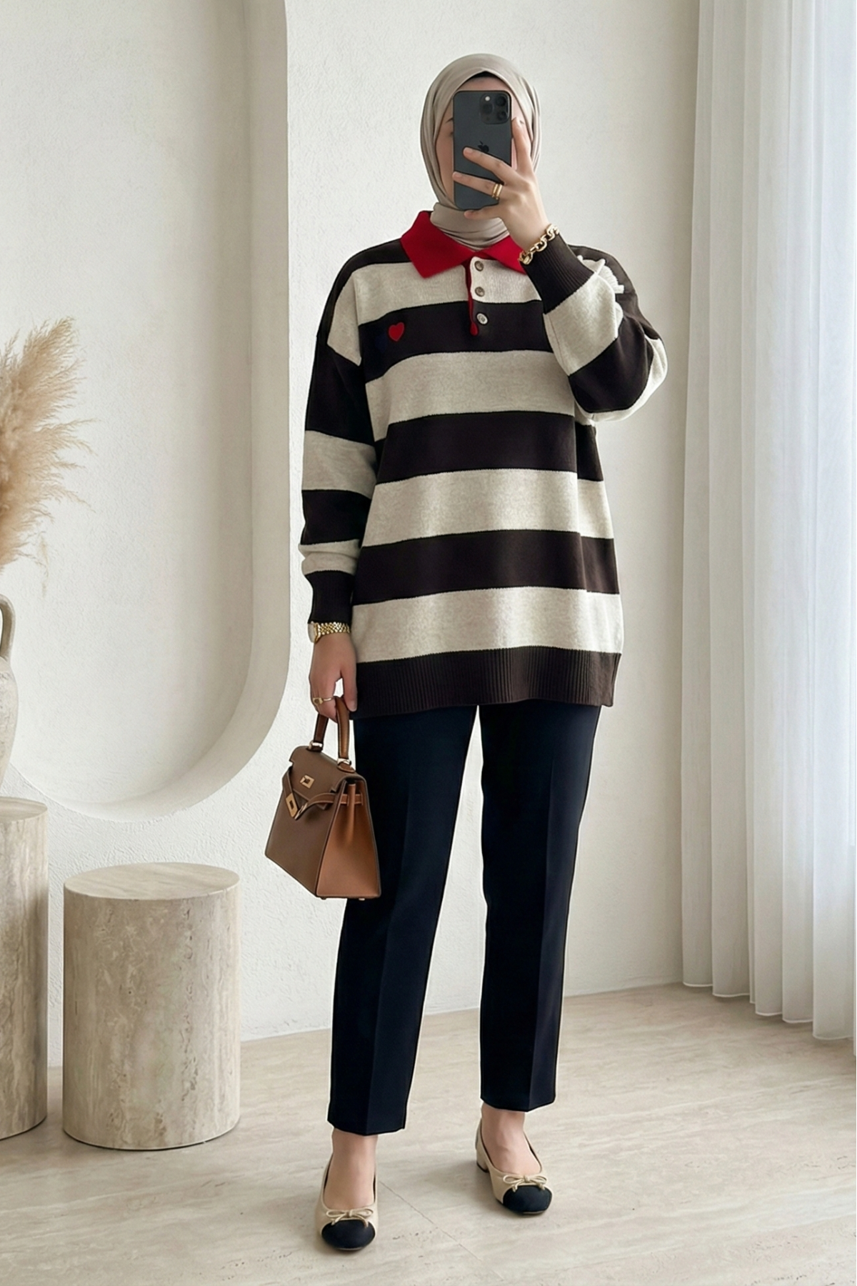 Shirt Collar Buttoned Heart Embroidered Knitted Tunic -Dark Coffee