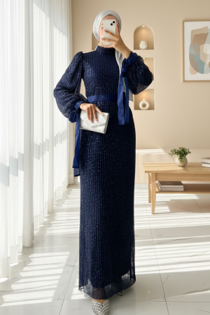 Kesme Boncuklu Şerit Payet Kemerli Abiye  -Laci