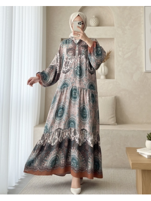 Dik Yaka Yarım Düğmeli Parçalı Elbise  -Açık Kahve