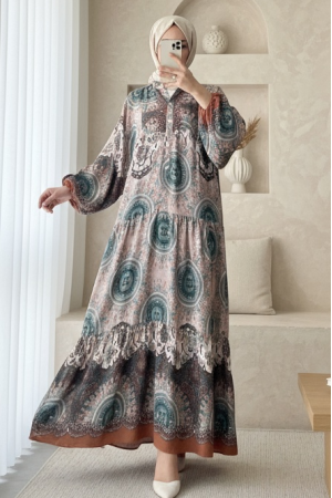 Dik Yaka Yarım Düğmeli Parçalı Elbise  -Açık Kahve