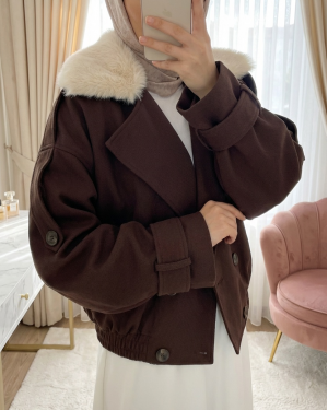 Kruvaze Ceket Yaka Lastikli Şerit Detaylı Kısa Trençkot 