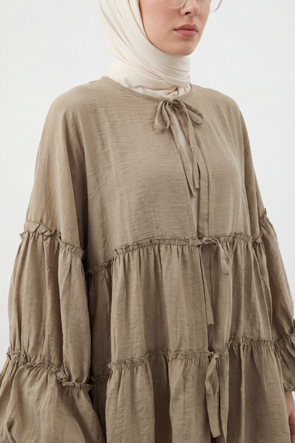 Layered Modal Kimono with Elasticated Sleeves and Tie Front -Khaki