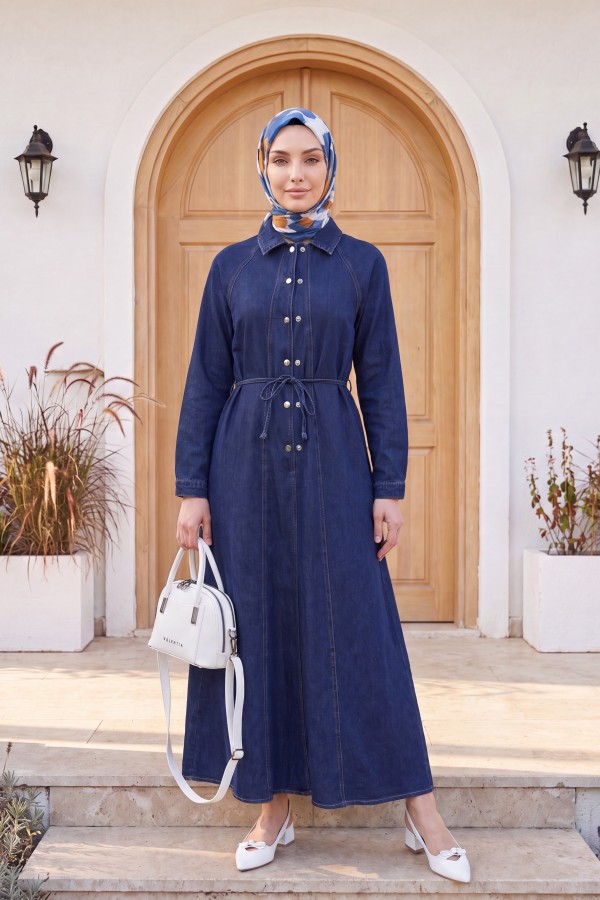 Shirt Collar Belted Half-Button Long Denim Dress -Navy blue