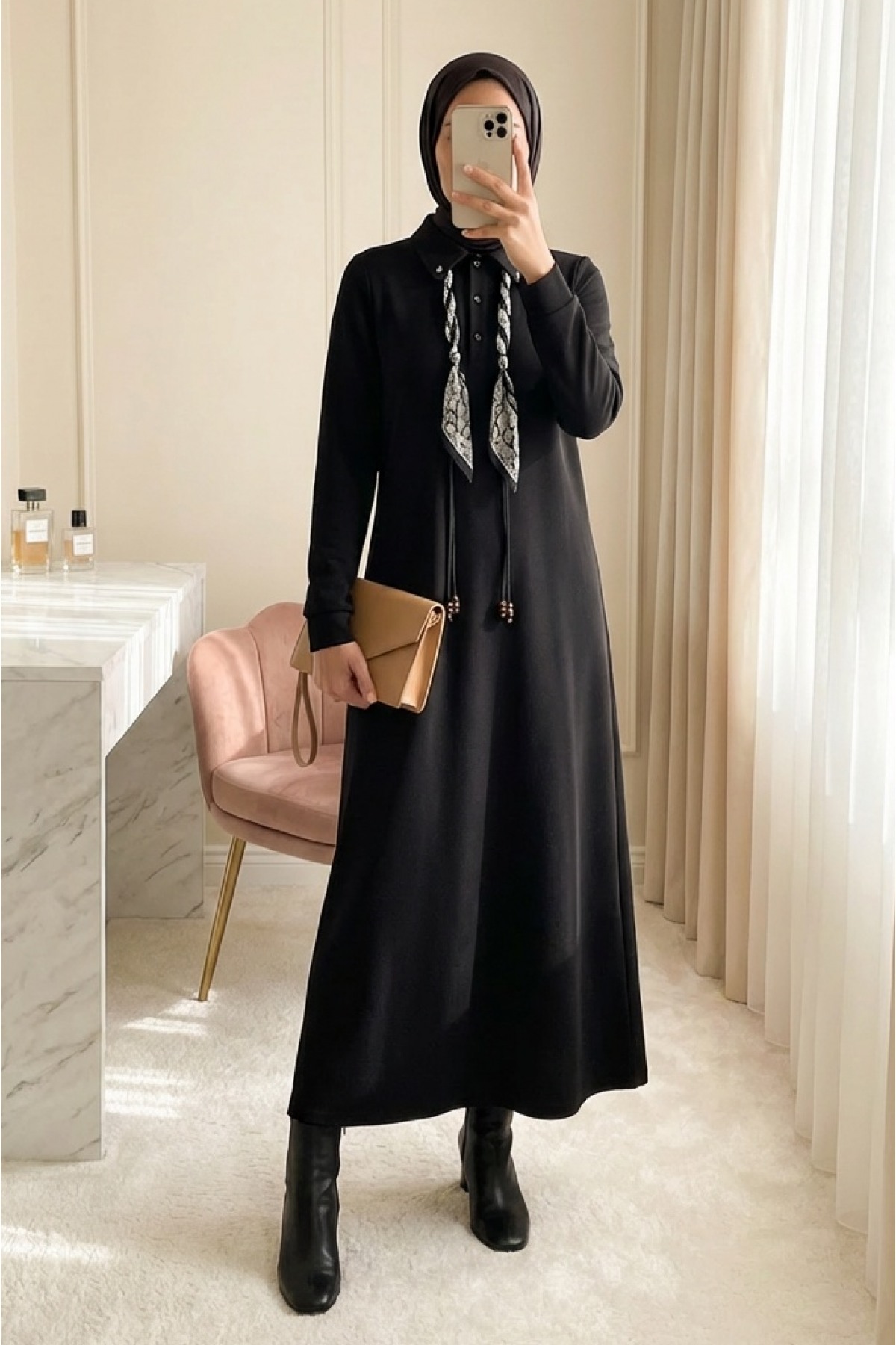 Women's Polo Collar Relaxed Fit Dress with Scarf Detail – 12669ELB