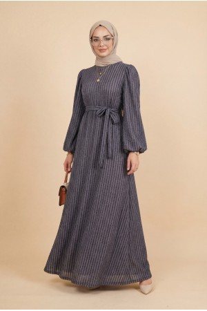 Kolu Lastikli Sim Çizgili Kemerli  Elbise -Gri