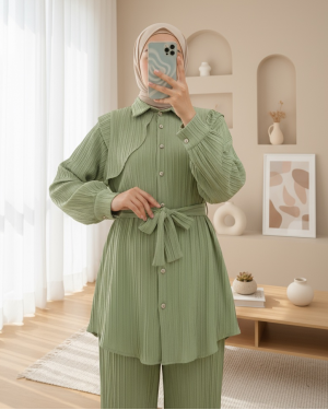 Shoulder Detailed Ribbed Crinkle Tunic with Tie Waist -Cagla Green