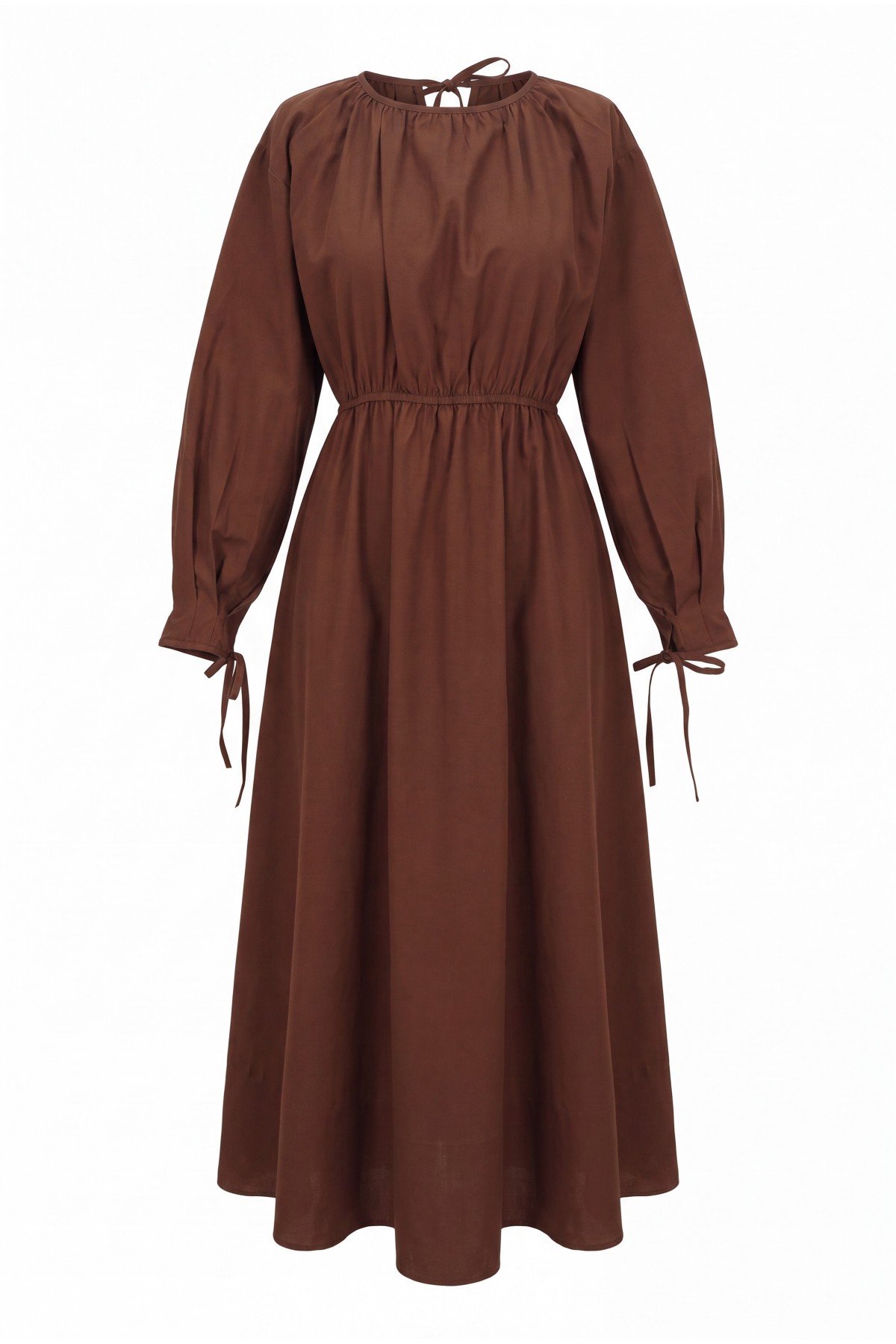 Poplin Dress with Elastic Waist and Tie Detail -Brown