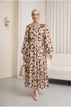 Robadan Büzgülü Kemerli Astarlı Şifon Elbise -Kahve