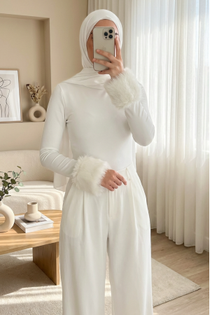 Fur Sleeve Half-Turtleneck Snap-On Bodysuit Blouse -White