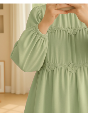 Kolları Lastikli Papatya Detaylı Poplin Tunik -Su Yeşili