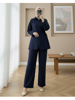 Çapraz Düğmeli Yandan Bağlamalı Yün Efekt Takım  -Laci