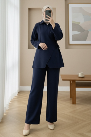 Çapraz Düğmeli Yandan Bağlamalı Yün Efekt Takım  -Laci