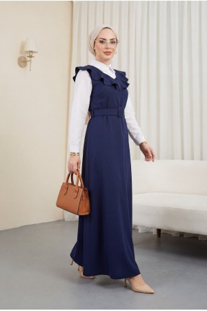 Yakası V Kemerli Uzun Jile Elbise        -K.Laci
