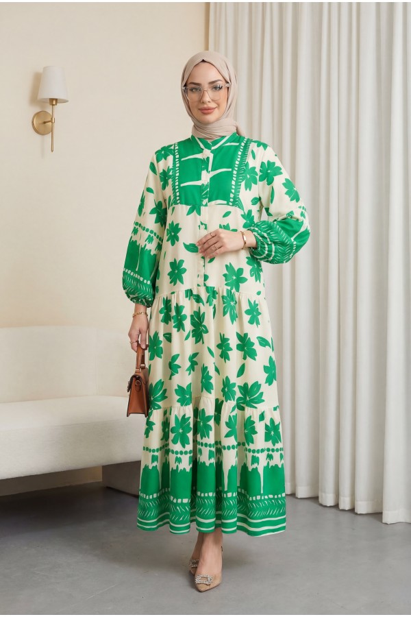 Half Buttoned Patterned Dress with Elastic Sleeves -Green