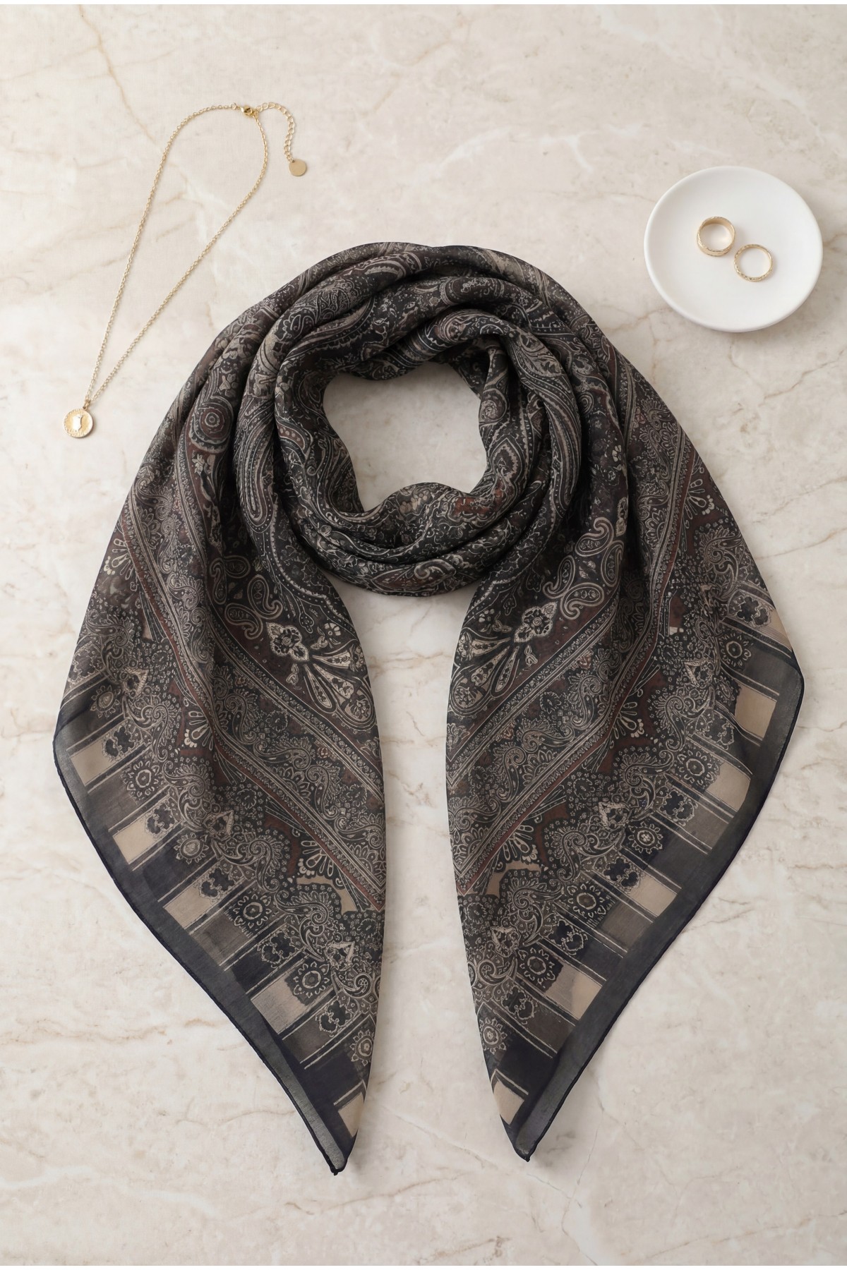 Authentic Patterned Cotton Scarf  -Anthracite