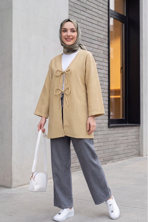Önü Çift Bağcıklı Petek Desen Kimono -Yağ Yeşili
