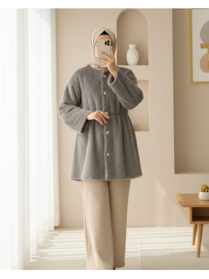 İçi Astarlı Beli Büzgülü Kürklü Ceket -Toprak