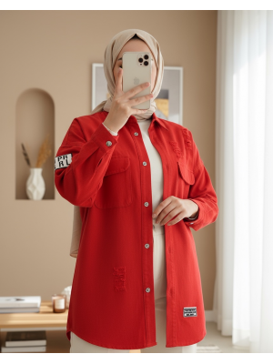 Boydan Çıtçıtlı Çift Cepli Yıpratma Detaylı Kot Ceket -Kırmızı