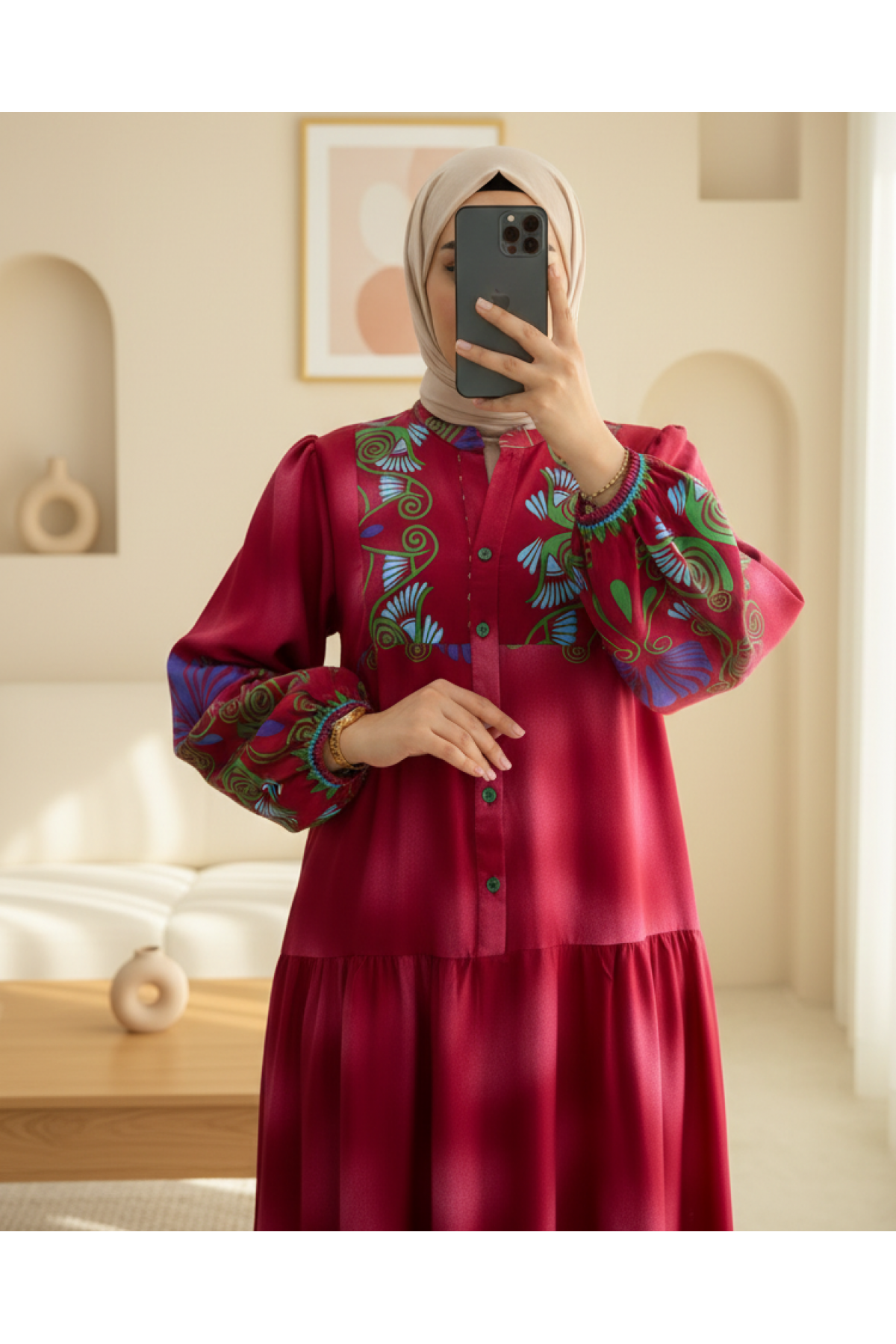 Stand Collar Half Buttoned Elastic Sleeve Patterned Dress -Pink