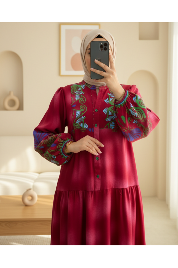 Stand Collar Half Buttoned Elastic Sleeve Patterned Dress -Pink