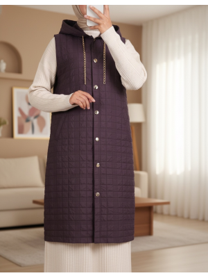 Kapşonlu Zincir Detaylı Cepli Kapitone Yelek -Mürdüm