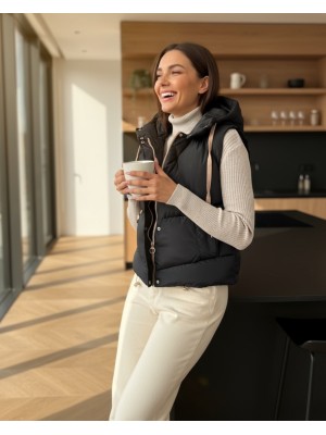 Sabit Kapşonlu Çıtçıtlı Fermuarlı Şişme Yelek  -Siyah