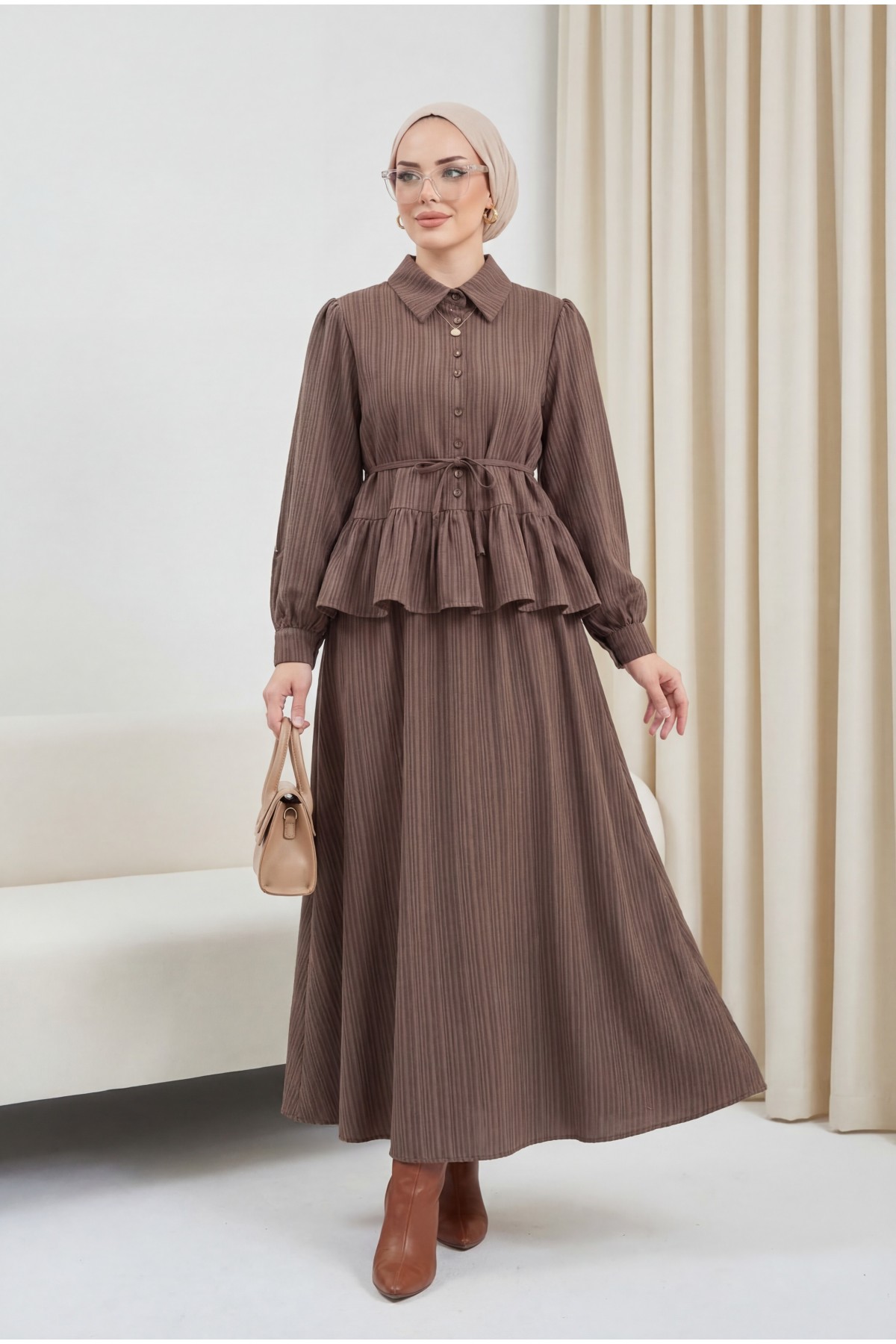 Skirt Suit with Frilled Buttons and Tied Waist  -Brown