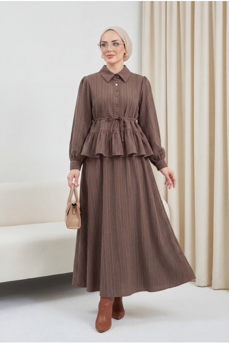 Eteği Fırfırlı Düğmeli Beli Bağcıklı Etekli Takım  -Kahve