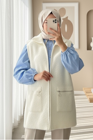 Önü Fermuarlı Torba Cepli Sakallı Yelek -Beyaz