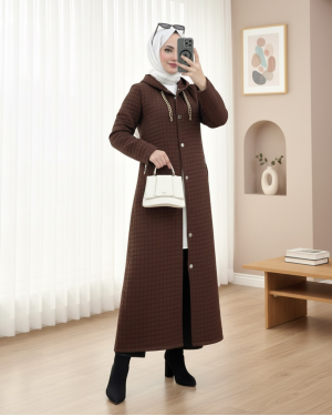Long Quilted Coat with Chain Detail on Collar  -Dark Coffee