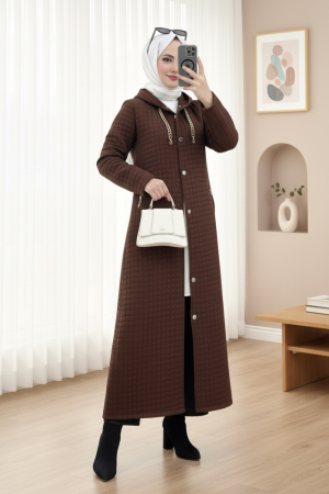 Long Quilted Coat with Chain Detail on Collar  -Dark Coffee