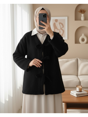 Önü Bağlamalı Kırçıllı Kaşe Ceket -Siyah