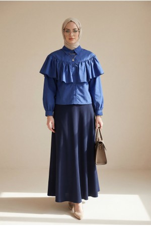 Önü Ve Omuzu Fırfır Detaylı Poplin Gömlek Bluz -Laci