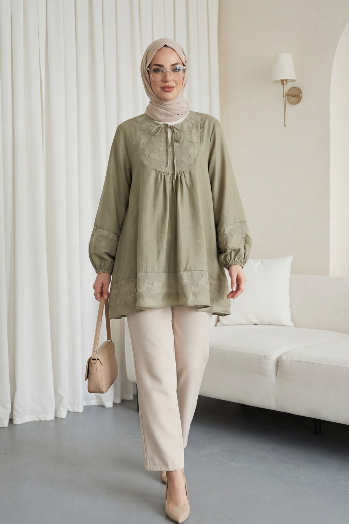 Modal Tunic with Tie Neckline and Elasticated Sleeves -Olive
