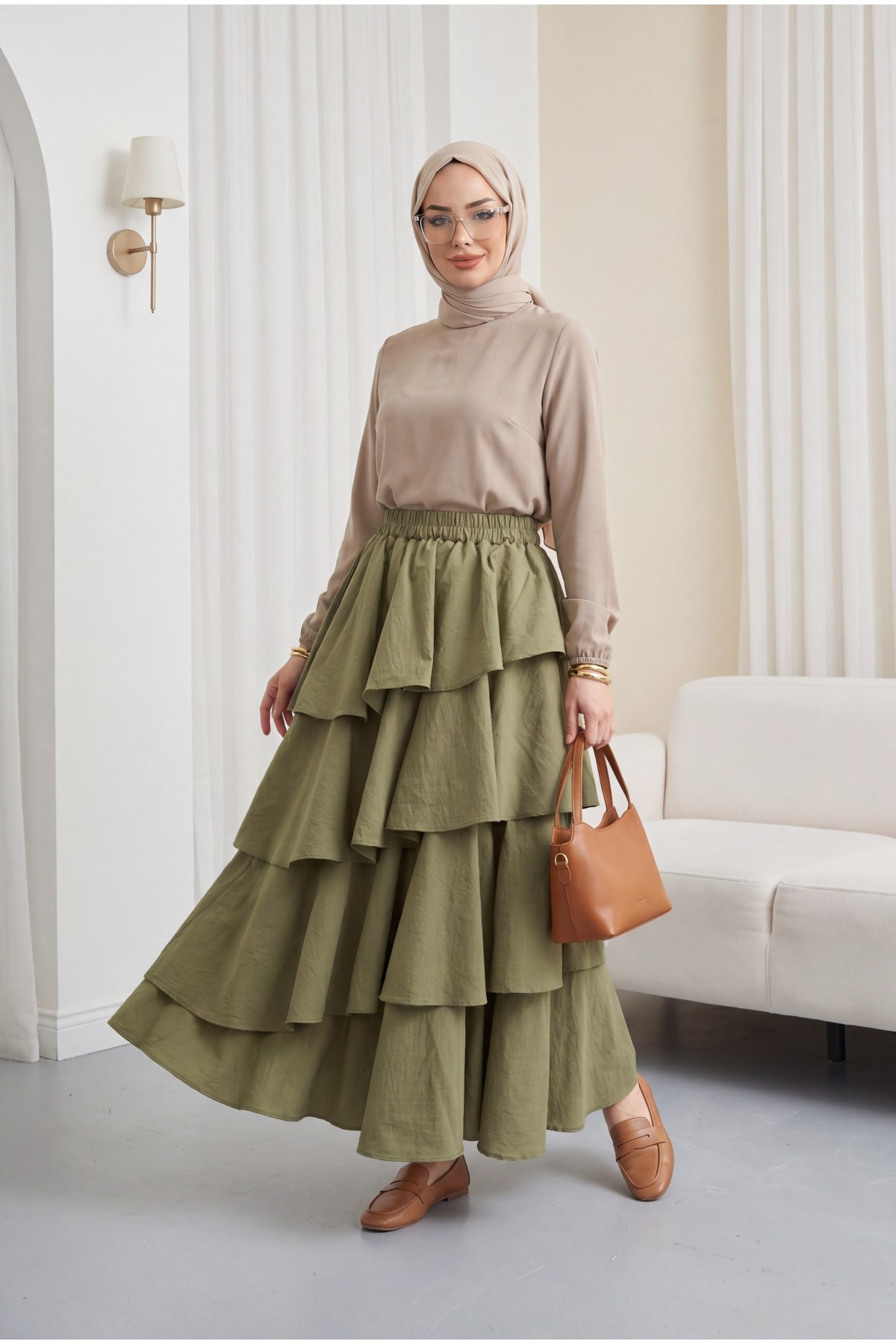 Cupra Skirt with Elastic Waist and Layered Lining -Khaki detay görseli