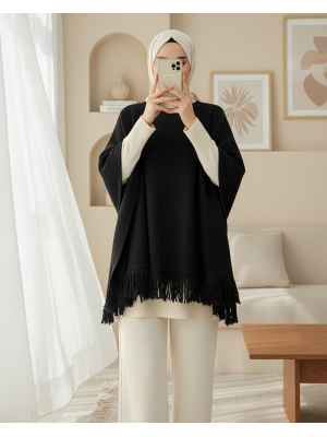 Eteği Püskül Detaylı Triko Panço  -Siyah