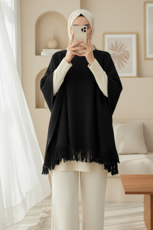 Eteği Püskül Detaylı Triko Panço  -Siyah