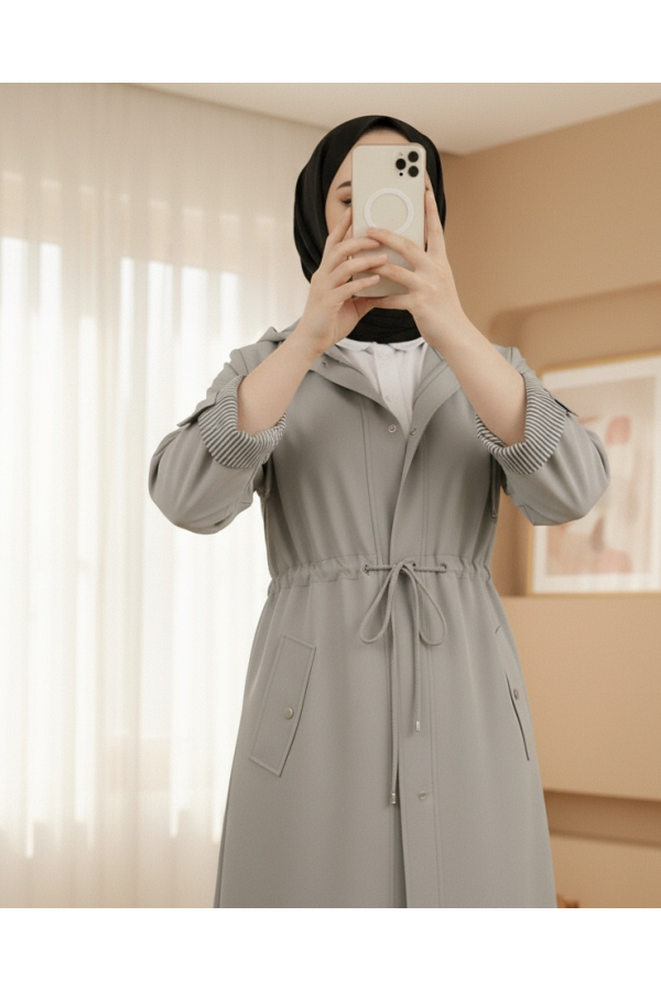 Striped Trench Coat  -Grey
