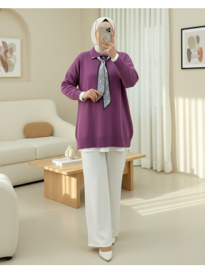 Polo Yaka Fularlı Yırtmaçlı Salaş Triko Tunik  -Vişne