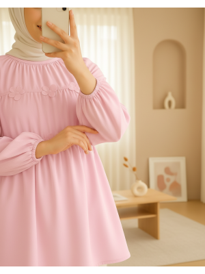 Kolları Lastikli Papatya Detaylı Poplin Tunik -Pudra