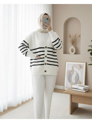 Double Pocket Striped Buttoned Cardigan -Ecru