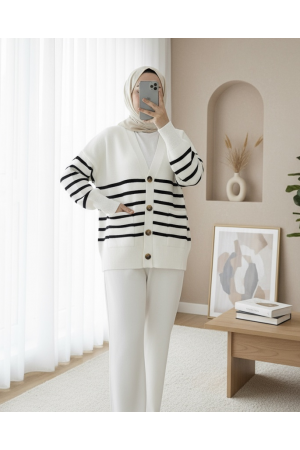 Double Pocket Striped Buttoned Cardigan -Ecru